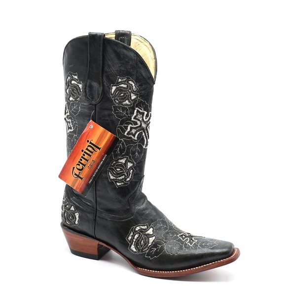 Ferrini Shoes - Ferrini Italia Rose Silver Black Cowboy Boots 9.5